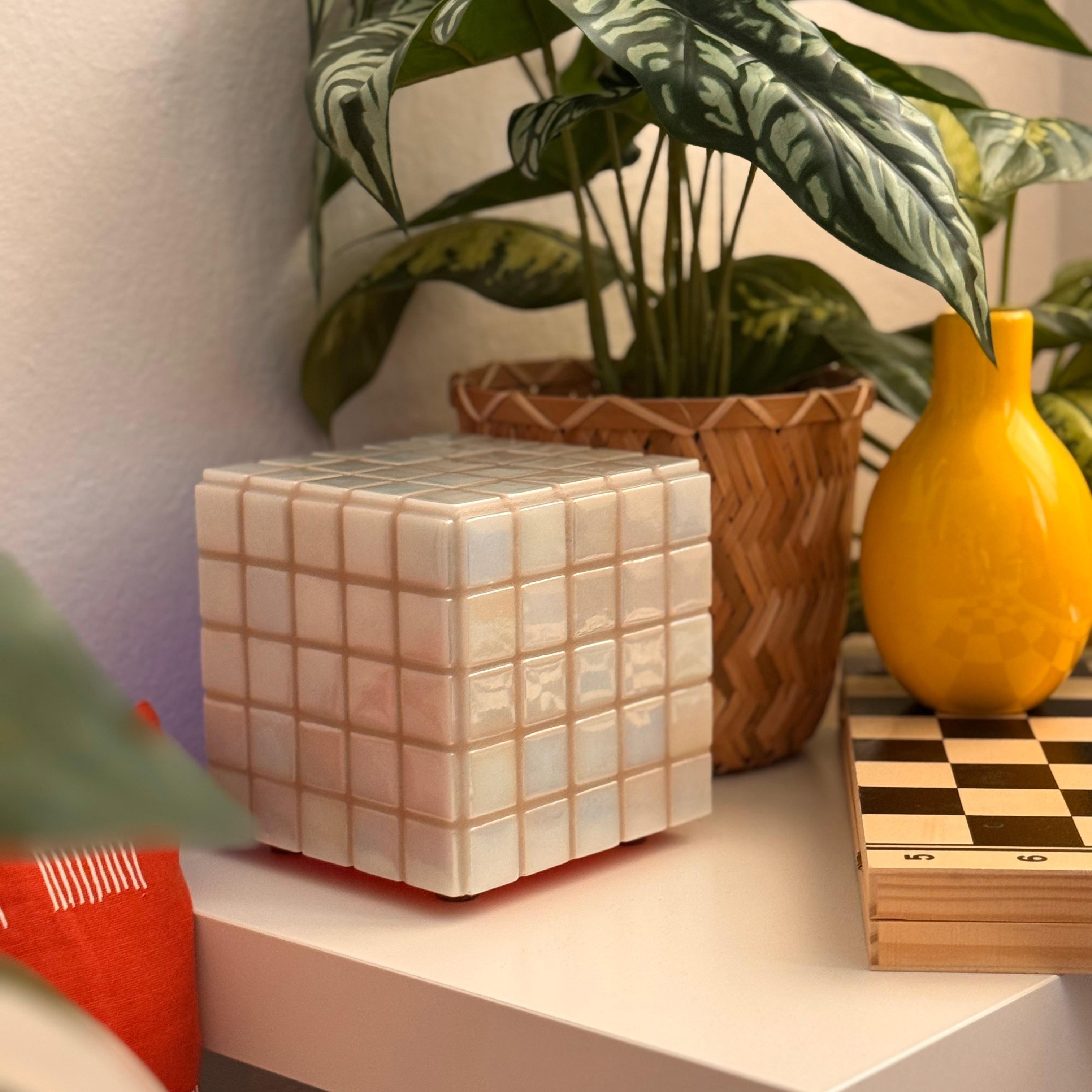 Mosaic Cube Lamp (Beige) - Handmade Ambient Light