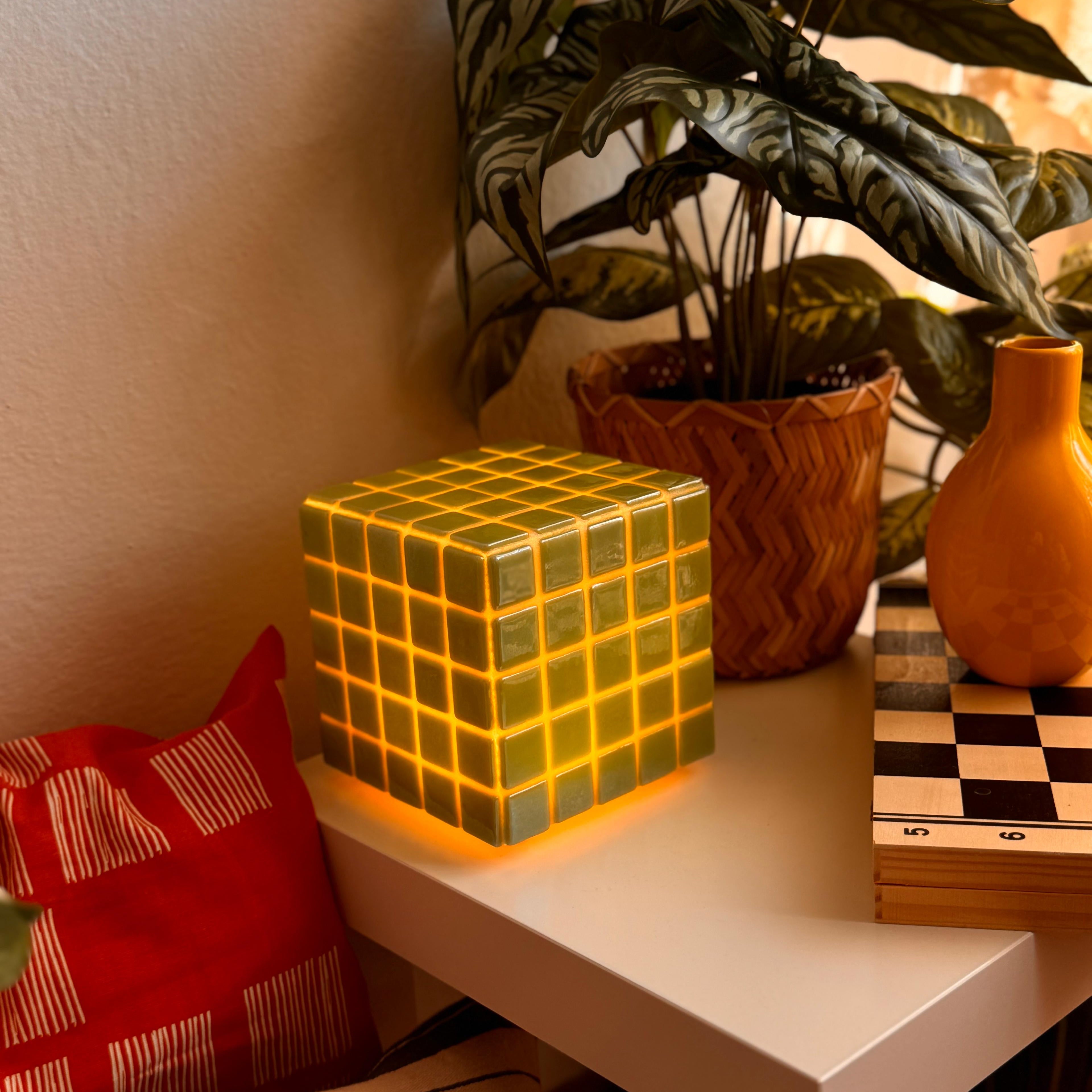Mosaic Cube Lamp (Green) - Handmade Ambient Light