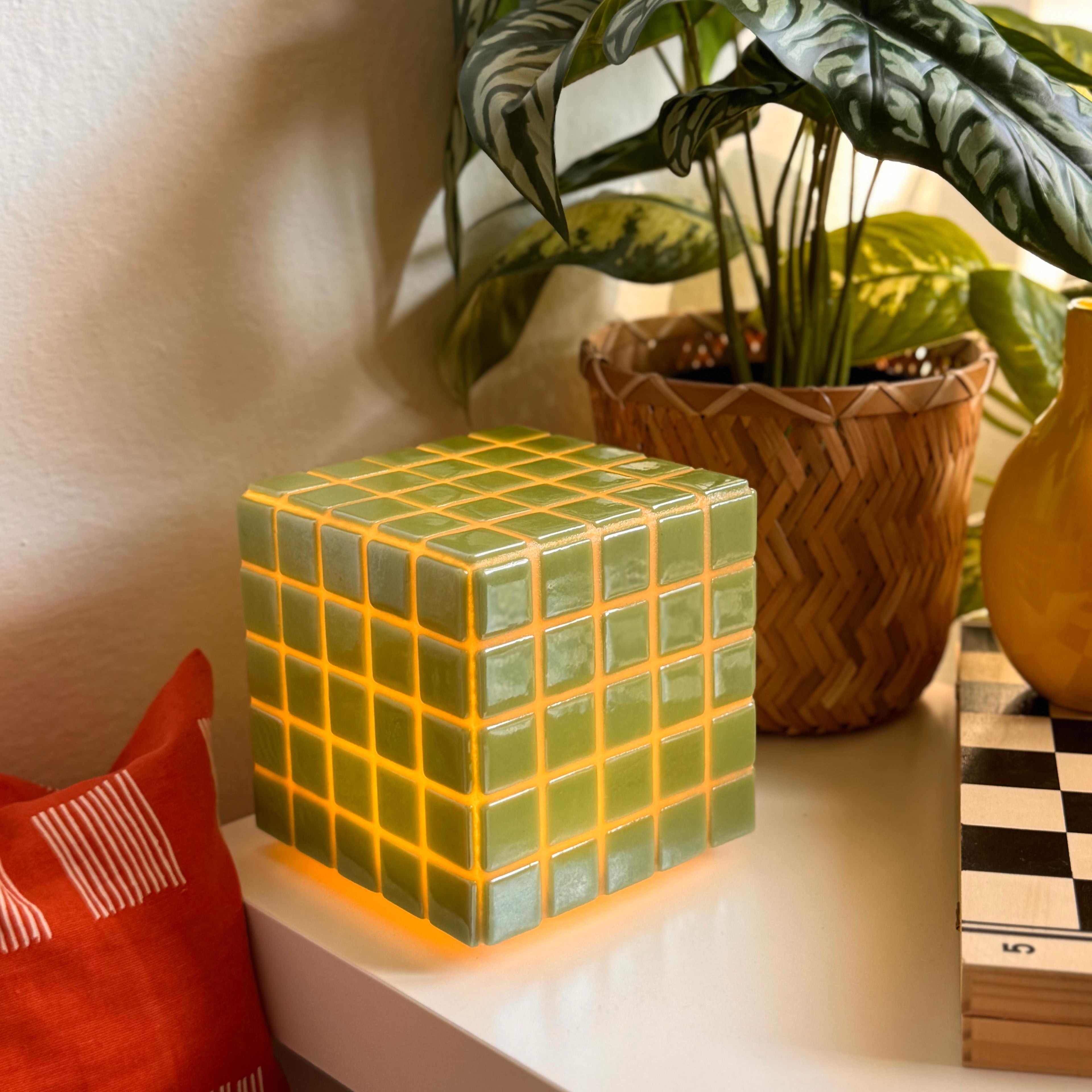 Mosaic Cube Lamp (Green) - Handmade Ambient Light